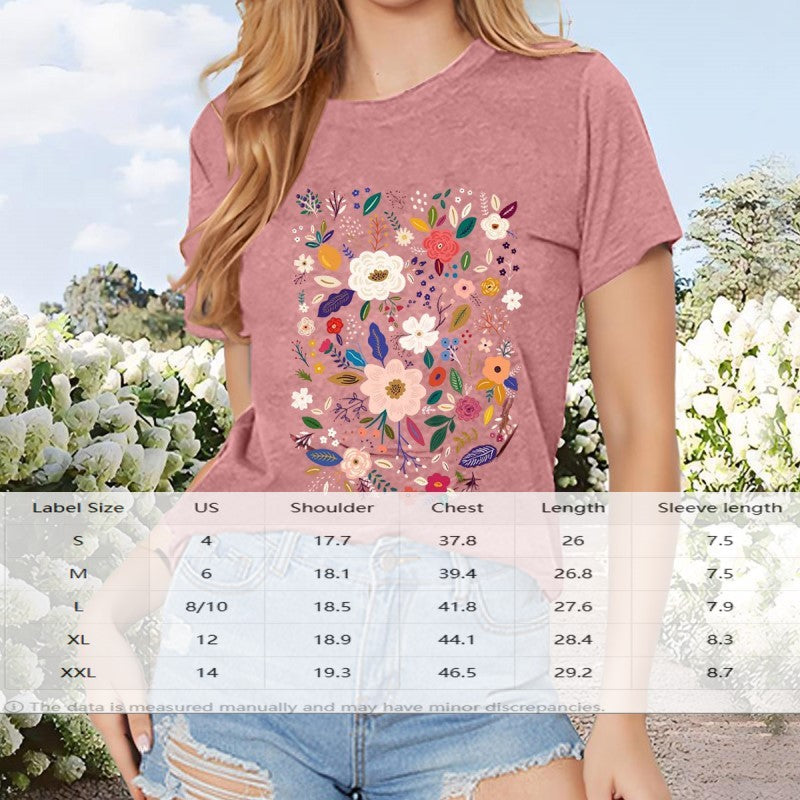 Women Summer Round Neck Floral Print T-Shirt