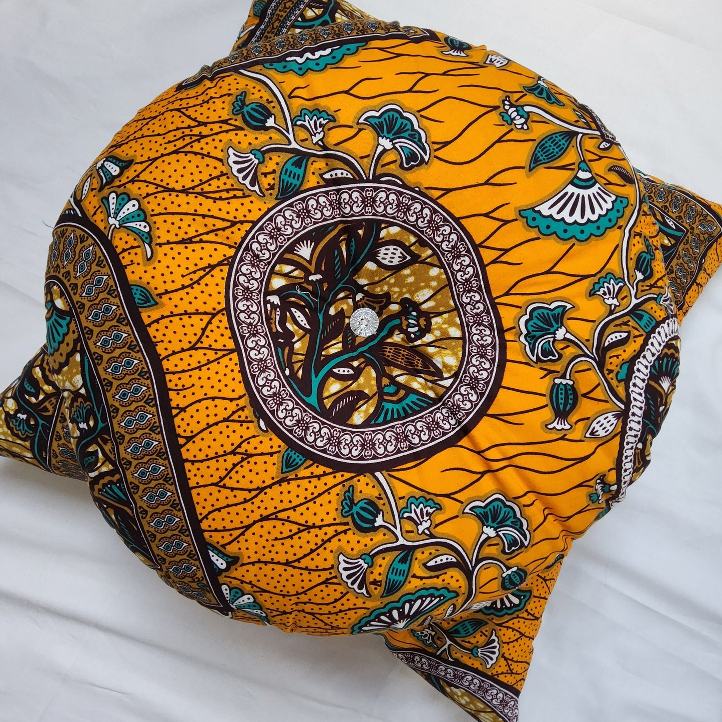 AFRICAN INSPIRED FABRIC + VELVET MIX ROUND CUSHION