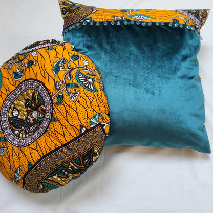 AFRICAN INSPIRED FABRIC + VELVET MIX ROUND CUSHION