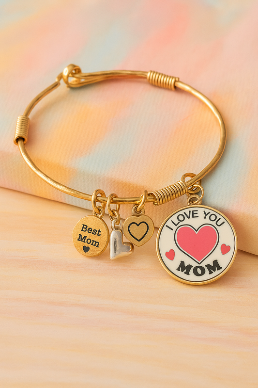 LOVE INSPIRATION MULTI CHARM WIRE BANGLE BRACELET - I LOVE YOU MOM