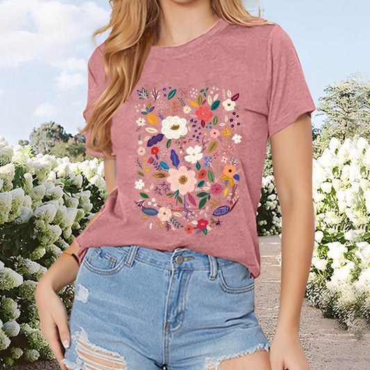 Women Summer Round Neck Floral Print T-Shirt