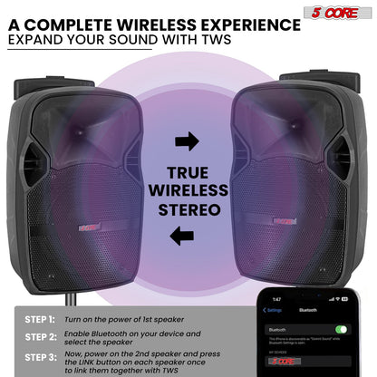 5Core 10 inch PA Portable Bluetooth Party Speaker Karaoke Boombox + 2